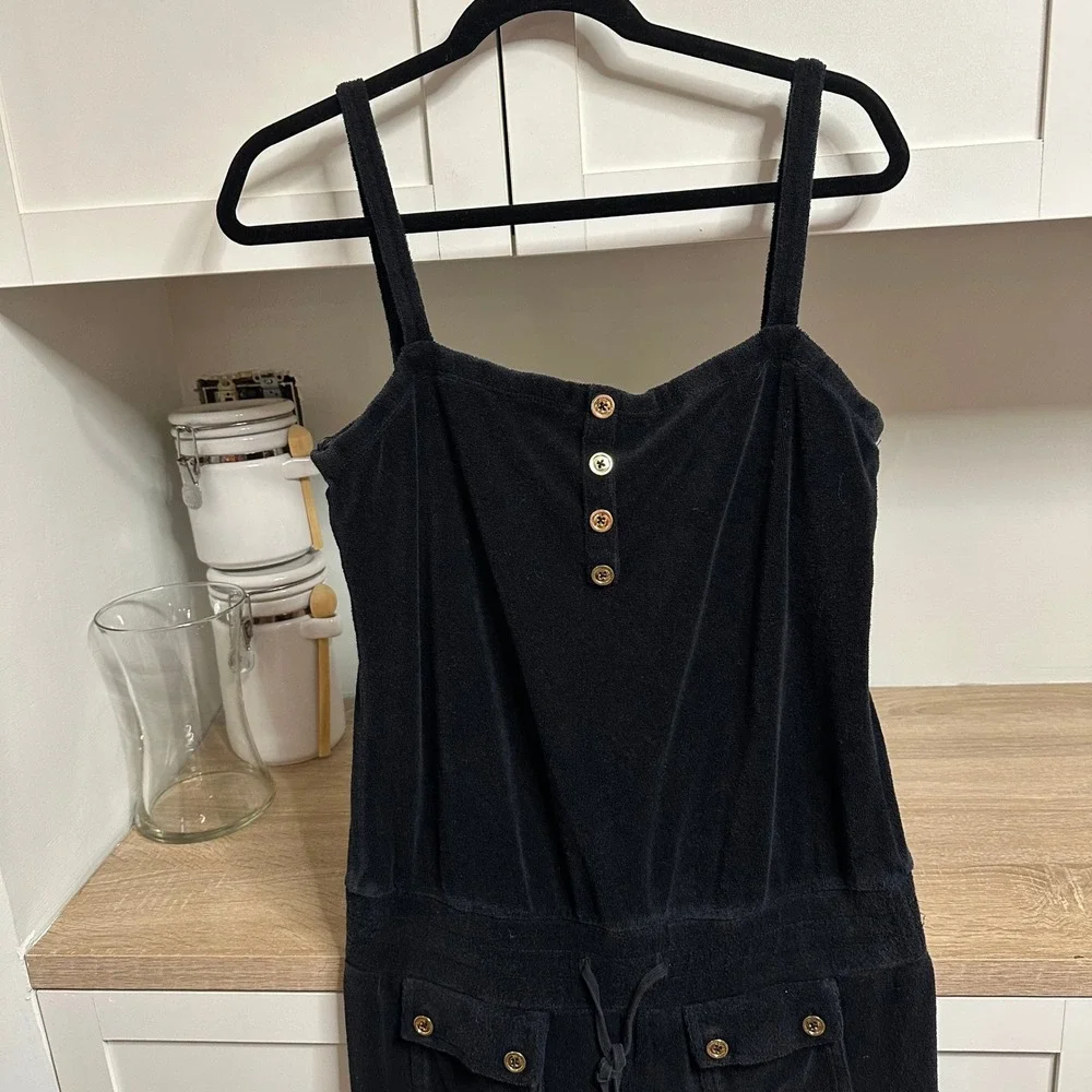 Juicy Couture Jumpsuit Womens S Black Terry Cloth Y2K Gold Buttons Wide Leg VTG - Picture 6 of 14